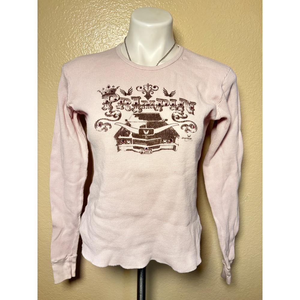 Y2K Pimpin Sugar Pills Pink Waffle Knit Thermal Graphic Long Sleeve Top XL #5
